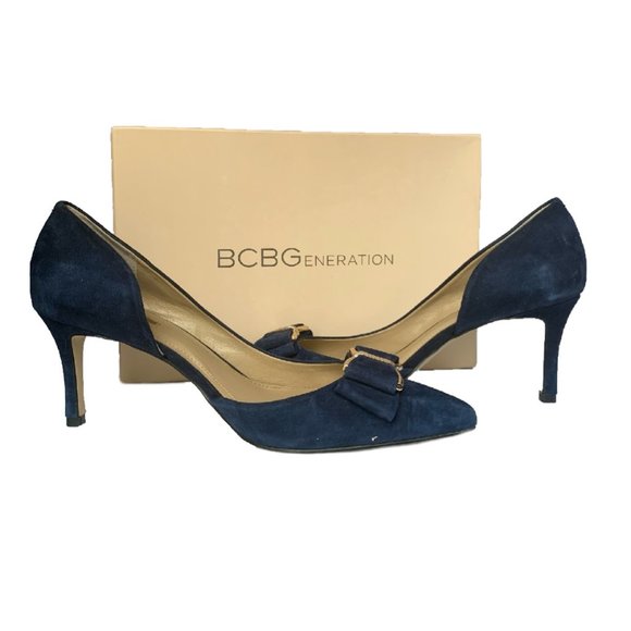 BCBGeneration Perryn Blue Gold Bow Open Side Heels Pumps Shoes Women's 10M - Picture 2 of 12